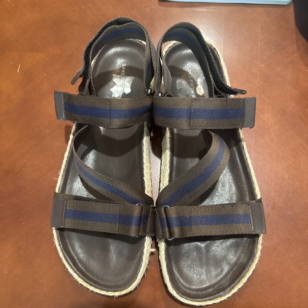 Saks Fifth Avenue Fabian Men Brown Blue Strap Espadrille Sandals Size Leather